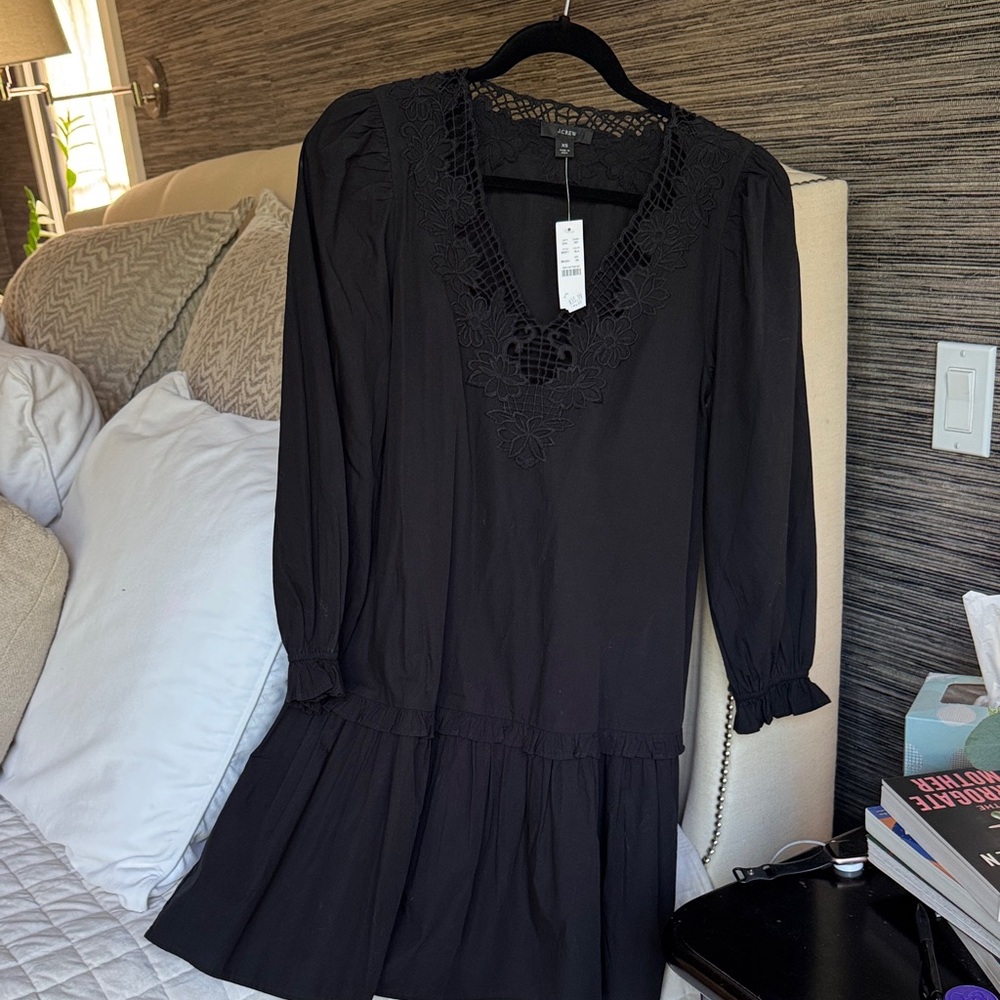 J. Crew Black Long Sleeve Dress with Lace Detail